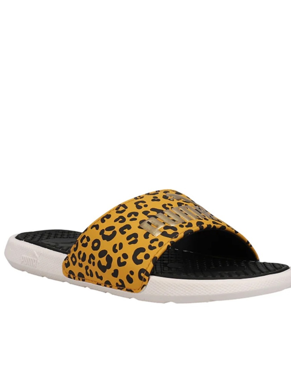 Puma Kids Leopard Print Yellow Slide Sandals with Gold Logo